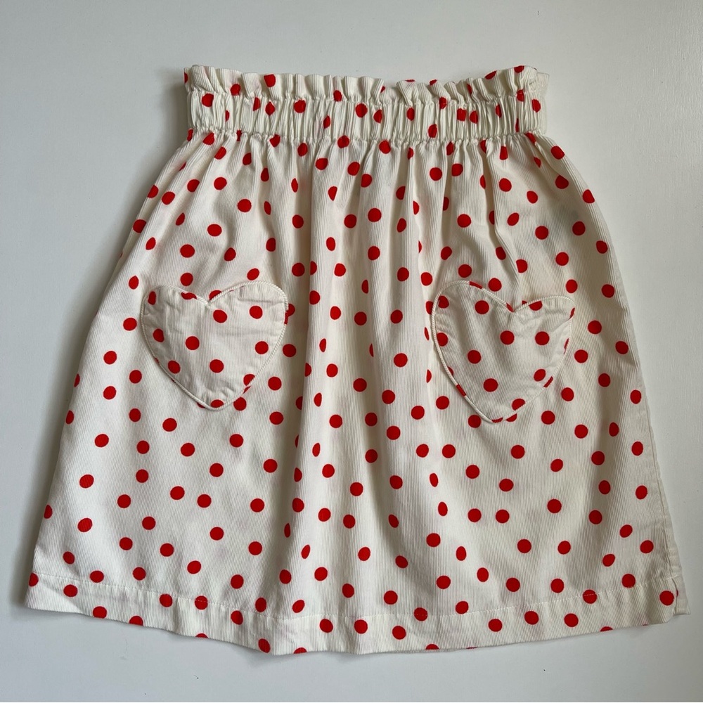 Bonton Girl’s Petit Pois Douchka Skirt - Cream w/ Red Polka Dots & Heart Pockets